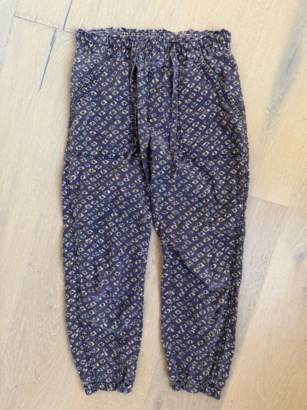 Anthropologie Navy and Mustard Printed Drawstring Knit Pants